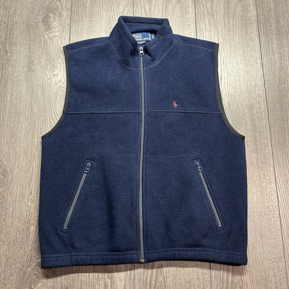 Vintage Polo Ralph Lauren Fleece Vest Mens Medium Navy Blue Full Zip Mock Neck